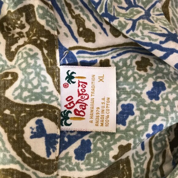 GO BAREFOOT - MEN'S XL - GREEN/BROWN SHORT SLEEVE BUTTON COLLARED HAWAIIAN SHIRT - Picture 7 of 7